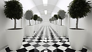 Monochromatic Optical Illusion: Zigzag Floor Pattern in Minimalist Hallway