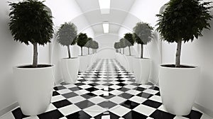 Monochromatic Optical Illusion: Zigzag Floor Pattern in Minimalist Hallway photo