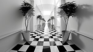 Monochromatic Optical Illusion: Zigzag Floor Pattern in Minimalist Hallway photo