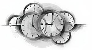 Pencil Sketch of Overlapping Clocks photo