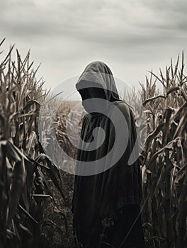 A monochromatic photoaph of a woman with a pallid face standing in a lonely cornfield. Gothic art. AI generation