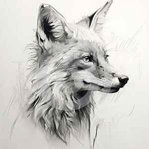 Monochromatic Photorealistic Fox Head Pencil Sketch In Digital Art Style