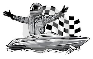 Monochromatic Racing boat. Top view. Vector illustration. Applique with realistic shadows.