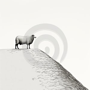 Monochromatic Realism: Detailed Engraving Of A Sheep On A Hill