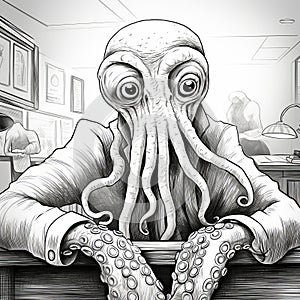 Monochromatic Realism: A Dystopian Cartoon Of An Octopus At A Desk