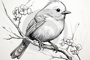 Monochromatic sketch of bird perched gracefully on tree branch