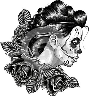 monochromatic sugar skull girl with floral ornament and flower