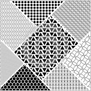 Monochromatic tile whit patterns in patch work style. White and black design, vector ornament