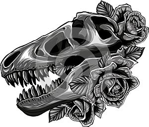 monochromatic Tyrannosaurus Skull with roses Vector illustration design Tattoo