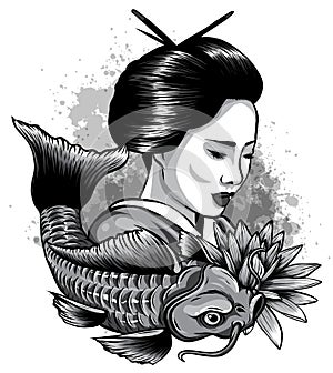 Monochromatic Vector illustration of Japanese geisha feeding sacred Koi carps at autumn time.