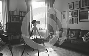 Monochromatic view of a living room photography setup with a camera on a tripod and natural light from a window.