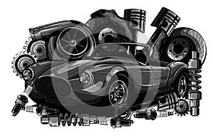 monochromatic Vintage car components collection witn automobile motor engine piston steering wheel tire headlights