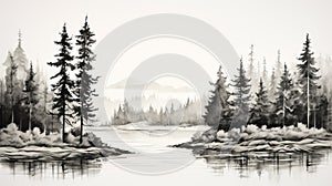 Monochromatic Watercolor Forest Landscape With River