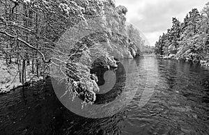 Monochromatic winter river landscape