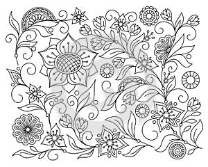 Monochrome abstract background with isolated flowers and mandalas