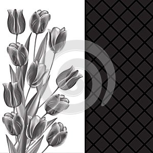 Monochrome abstract decoration, invitation card with glossy bouquet tulips