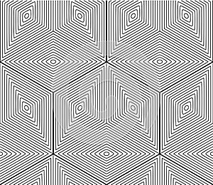 Monochrome abstract interweave geometric seamless pattern. Vector black and white illusory backdrop with