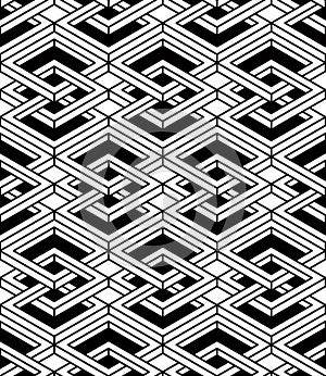 Monochrome abstract interweave geometric seamless pattern. Vector black and white illusory backdrop with