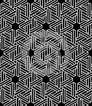 Monochrome abstract interweave geometric seamless pattern. Vector black and white illusory backdrop with
