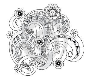 Monochrome abstract pattern with flowers and zen tangled shapes