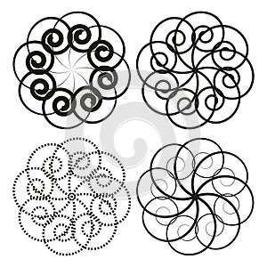 Monochrome abstract patterns. Spiral swirl elements. Geometric round designs. Vector ornament collection.
