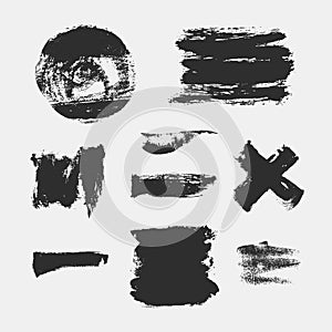 Monochrome abstract vector grunge textures. Set of hand drawn paint brush strokes and stains.