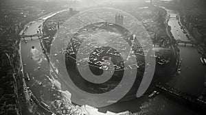 Monochrome aerial shot of a city with river, skyscrapers, and urban design