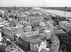 Monochrome Aerial View of Riga`s Amazing Cityscape, the Capital City of Latvia