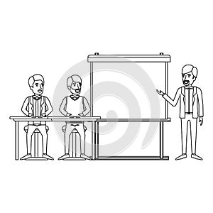 Monochrome background with couple of man sitting in a desk for executive orator in presentacion business people photo