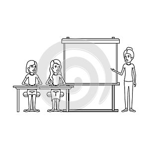 Monochrome background with couple of women sitting in a desk for female executive in presentacion business people photo