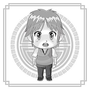 Monochrome background japanese symbol with silhouette cute anime tennager facial expression bewildered