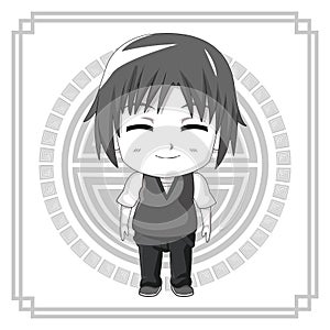 Monochrome background japanese symbol with silhouette cute anime tennager facial expression smile with eyes closed