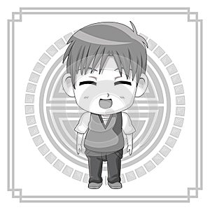 Monochrome background with silhouette cute anime tennager facial expression laugther with eyes closed