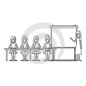 Monochrome background with women group sitting in a desk for executive female in presentacion business people photo