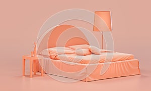 Monochrome bedroom scene with a double bed sheet, blanket, pillows and side tables.Rosy pink colorinterior room,  flat style