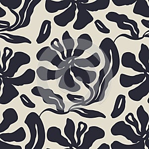 Monochrome black and white brush strokes inky flowers seamless pattern photo