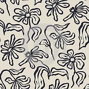 Monochrome black and white brush strokes inky flowers seamless pattern photo