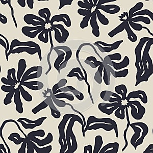 Monochrome black and white brush strokes inky flowers seamless pattern photo