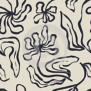 Monochrome black and white brush strokes inky flowers seamless pattern photo