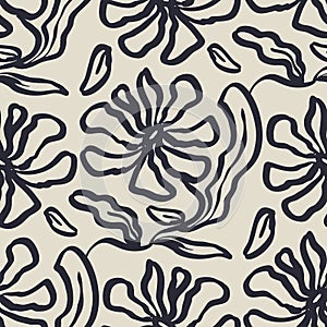 Monochrome black and white brush strokes inky flowers seamless pattern photo