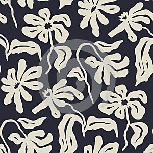 Monochrome black and white brush strokes inky flowers seamless pattern photo