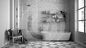 Monochrome, black & white interior design. Scandinavian classic vintage bathroom with bathtub and shower, chair with fur blanket,