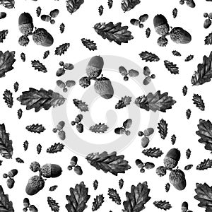Monochrome black and white oak leaf and acorns repeating pattern design