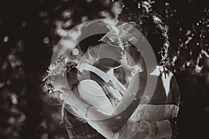 Monochrome black and white photo of the wedding the bride and groom portrait