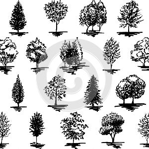 Monochrome black and white tree silhouette sketched line art seamless pattern background vector