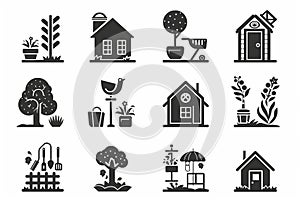 Monochrome black and white vector icons of garden tools and plants. Home Gardening Illustration Icon Set, logo. Isolated white