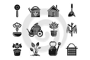 Monochrome black and white vector icons of garden tools and plants. Home Gardening Illustration Icon Set, logo. Isolated white