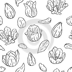Monochrome black and white vintage seamless pattern with line art tulips flowers on white