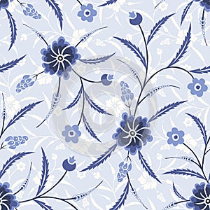 Monochrome Blue Traditional Chintz Floral Vector Seamless Pattern. Classic Background