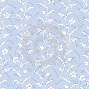 Monochrome Blue Traditional Trailing Flowers Chintz Vector Seamless Pattern. Classic Background